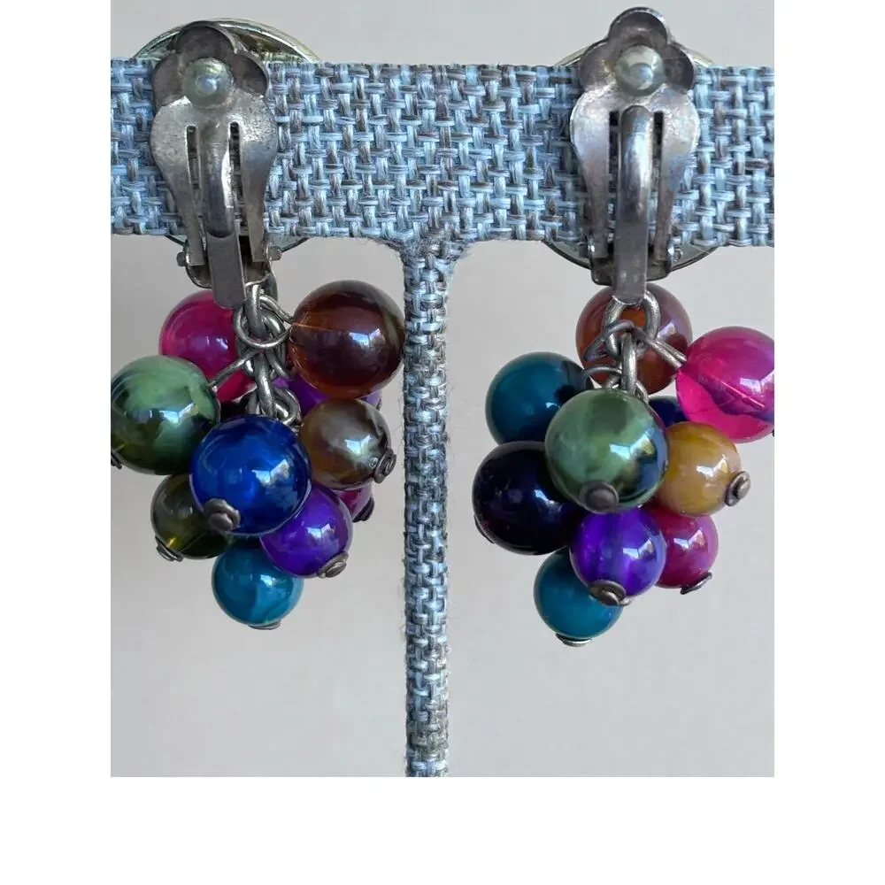 Vintage 80's Enamel & Jewel Tone Beaded Drop Dangle Earrings